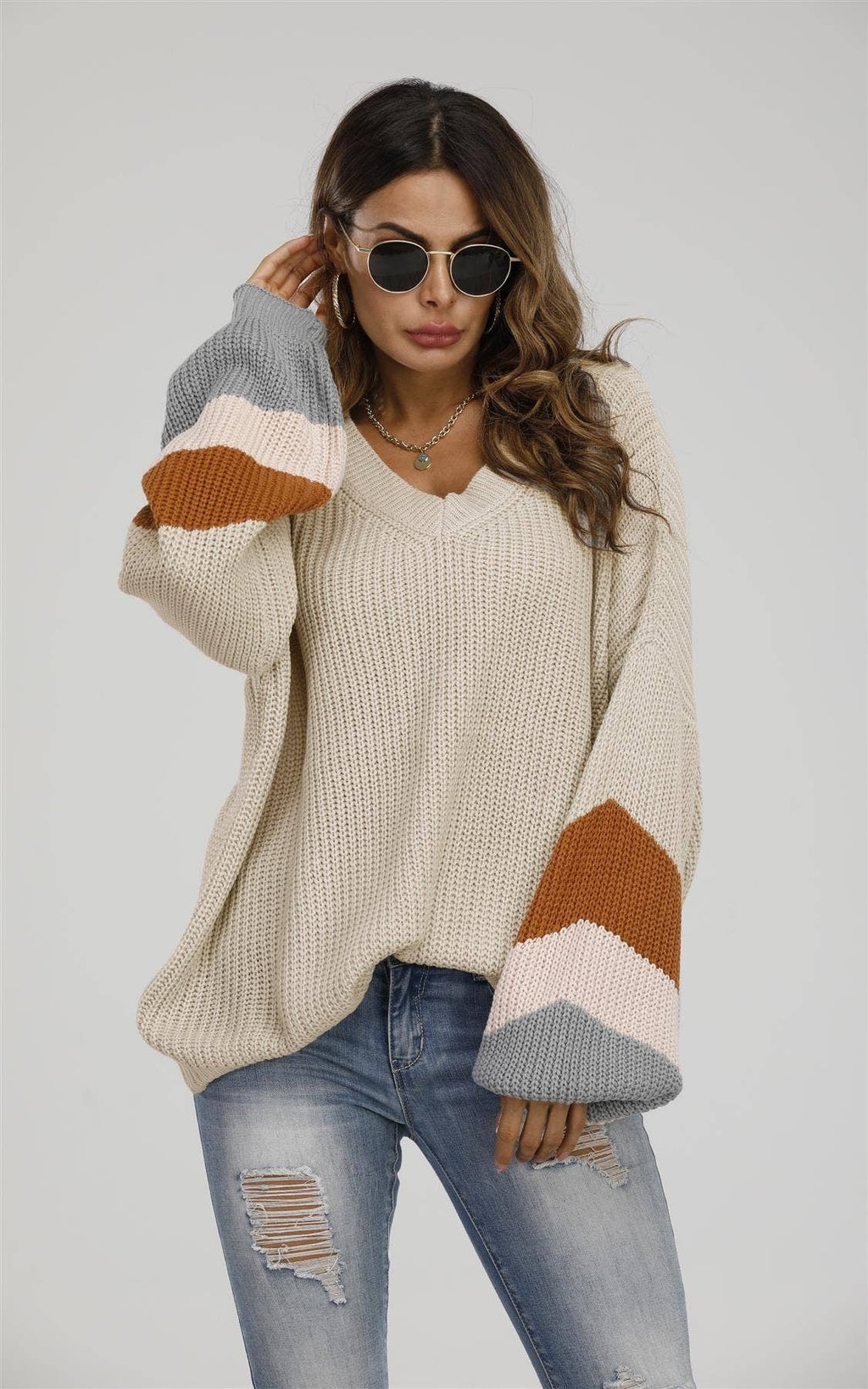 Pull femme rayé beige, rose pêche et chameau: Beige