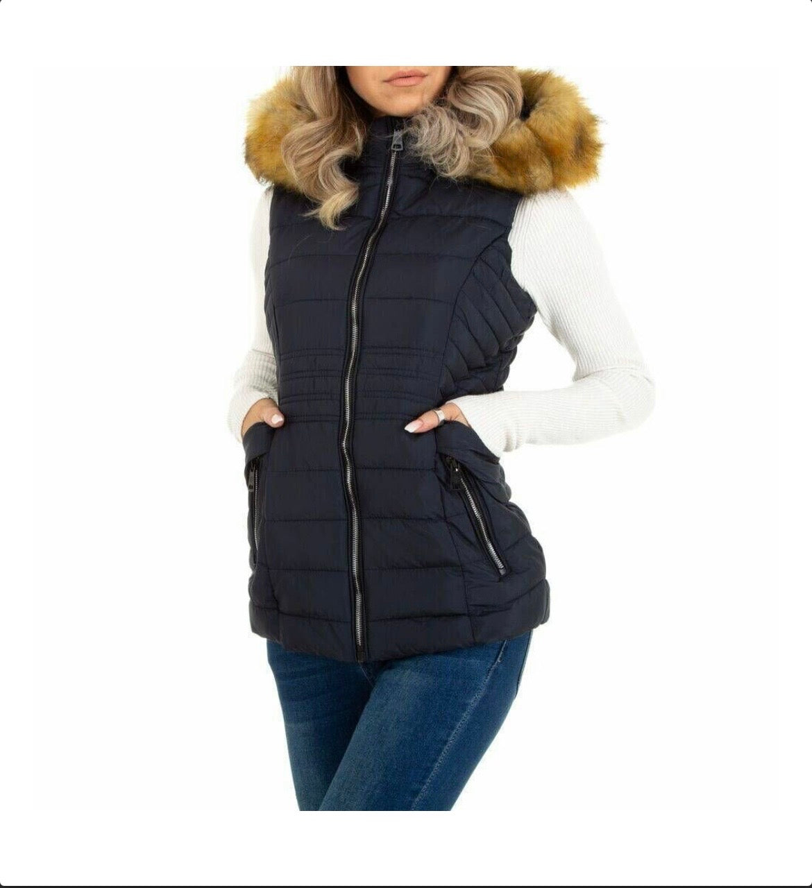 Veste Doudoune Sans Manches Femme Noire à Capuche Fourrure